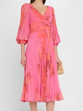 Rickie Freeman for Teri Jon- Pleated Abstract-Print Chiffon Midi Dress